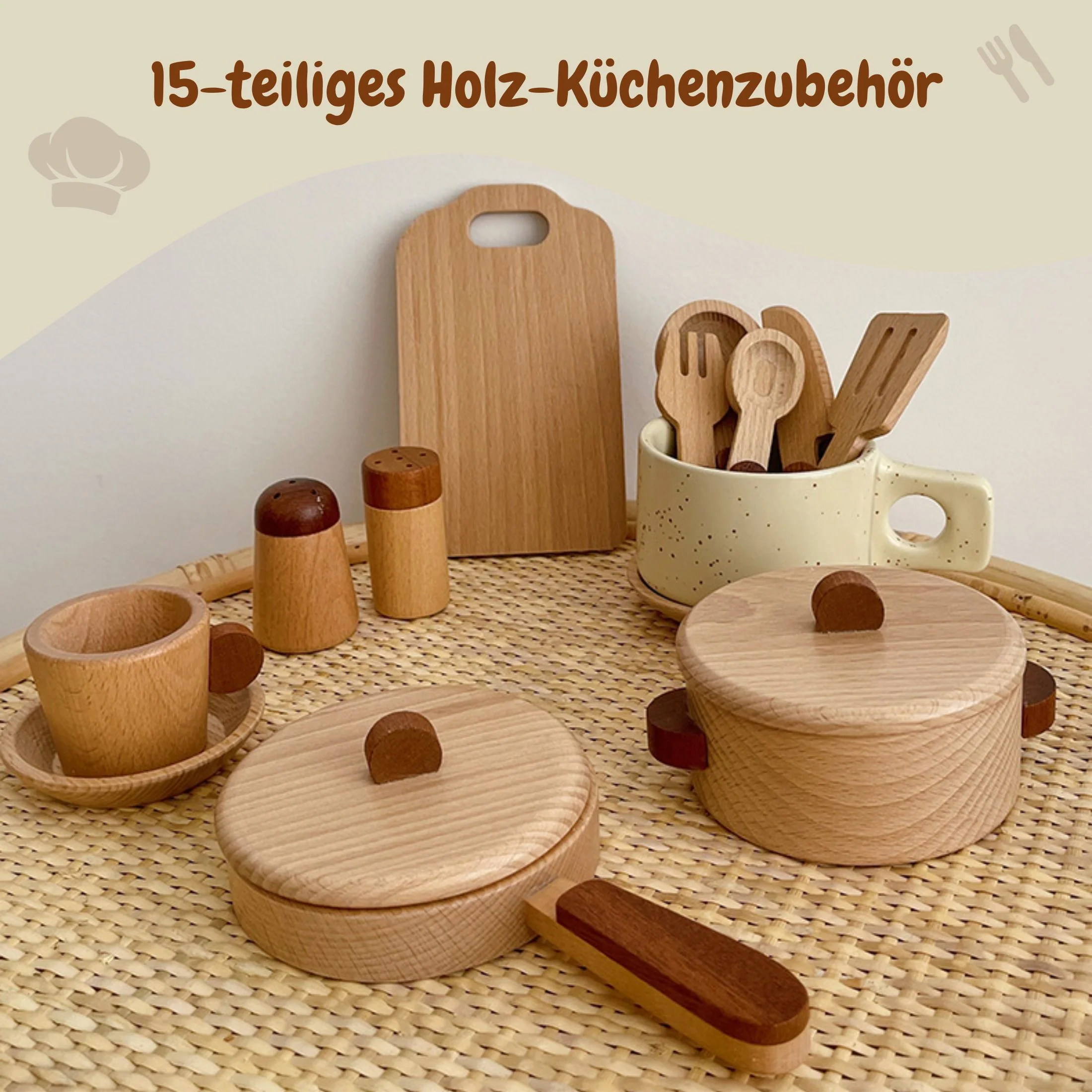 15-tlg. Holz-Küchenzubehör-Set Kinder-Kochgeschirr Kinder-Küchenset - Image 2