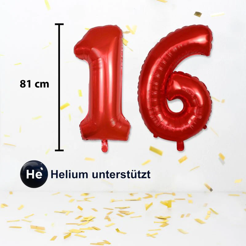 Zahlenballon Zahl 16 Folienballon Luftballon Heliumballon Rot 81cm - Image 3