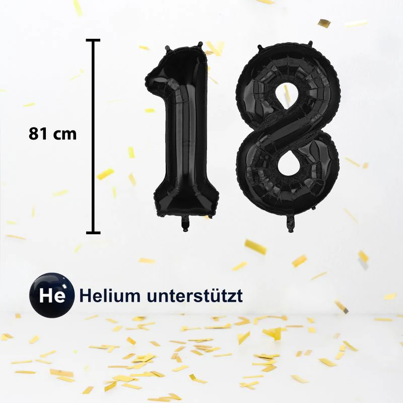 Folienballon Zahl 18 Schwarz Zahlenballon Luftballon Heliumballon 81cm - Image 2