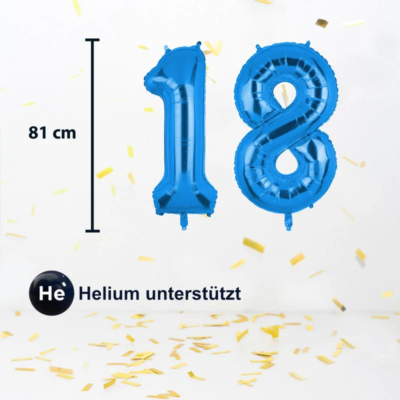 Folienballon Zahl 18 Zahlenballon Luftballon Heliumballon Blau 81cm - Image 2