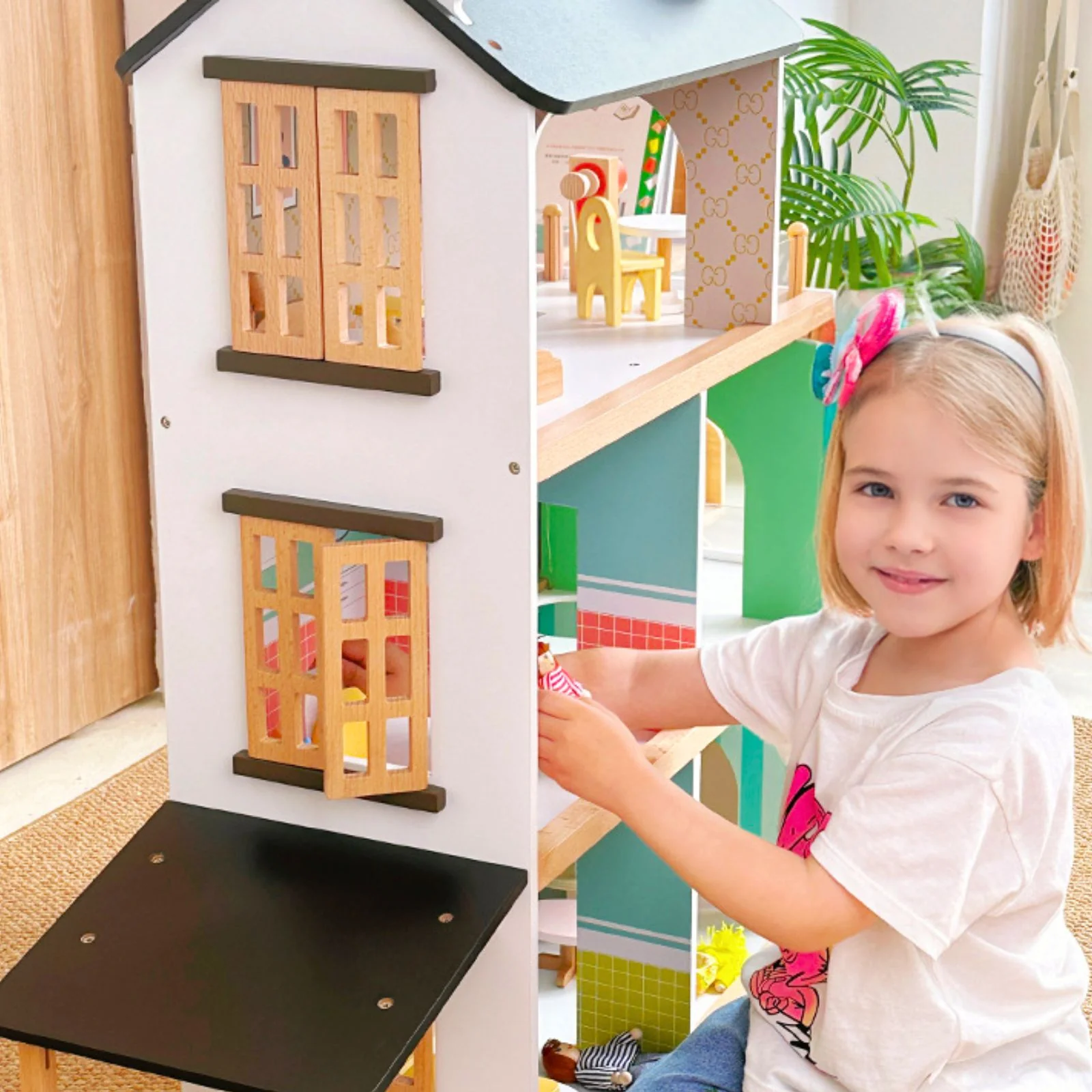 21-tlg. Holz-Puppenhaus mit Zubehör Spielhaus Kinderspielzeug Haus - Image 6