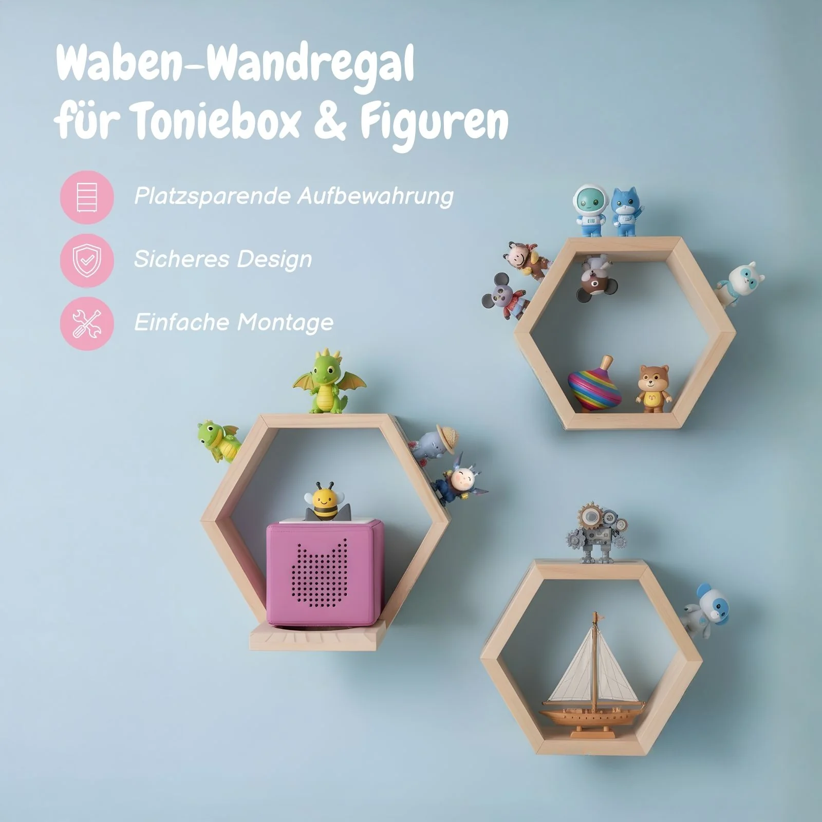 3-tlg. Hexagon Holzregal für Toniebox und Toniefiguren Waben-Wandregal - Image 2