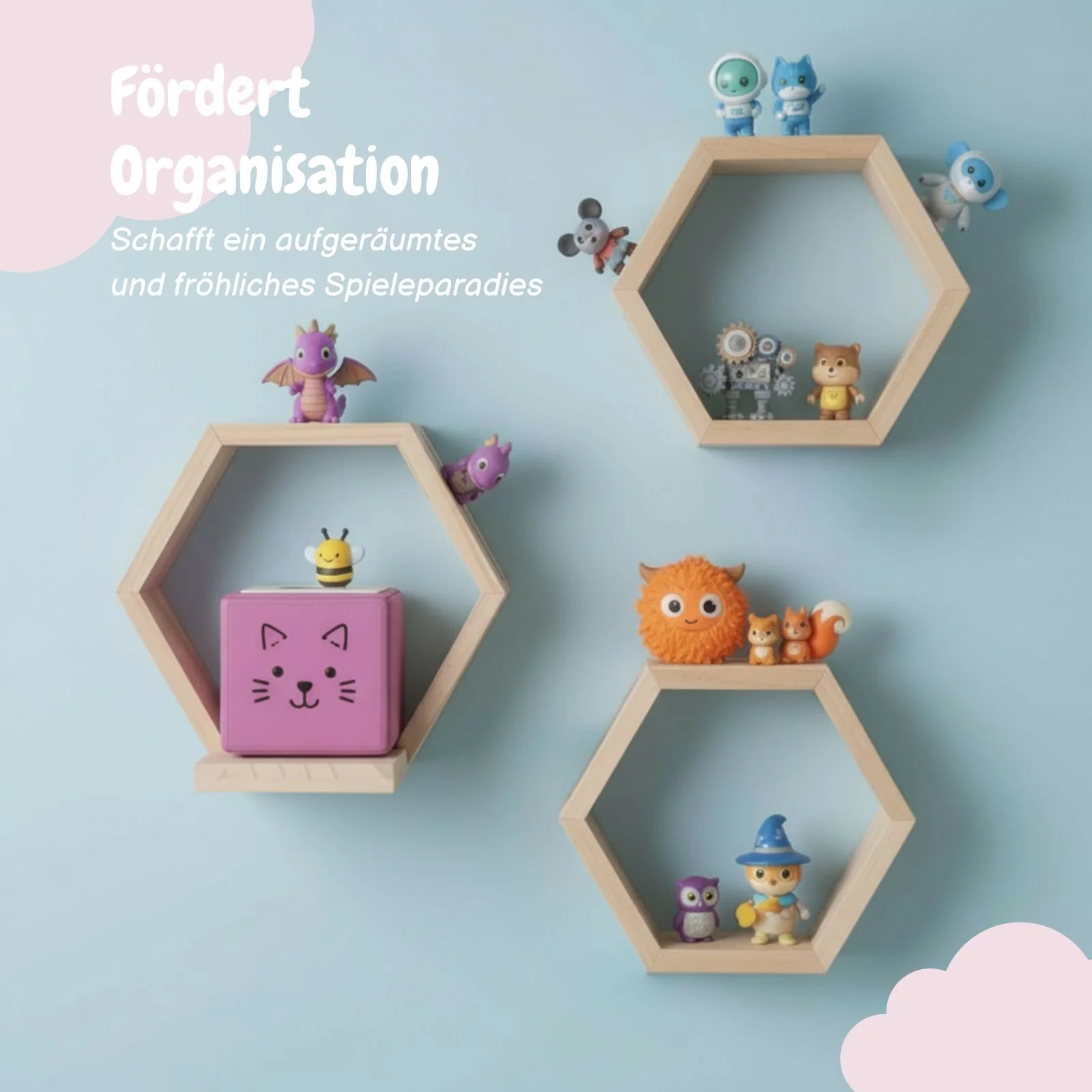 3-tlg. Hexagon Holzregal für Toniebox und Toniefiguren Waben-Wandregal - Image 3