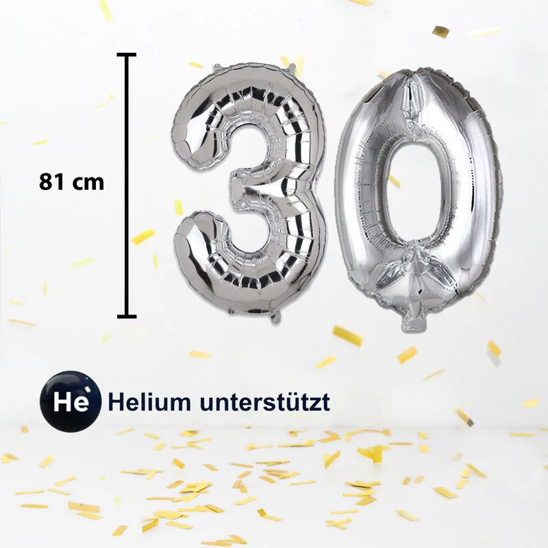 Zahlenballon Zahl 30 Silbrig Folienballon Luftballon Heliumballon 81cm - Image 2