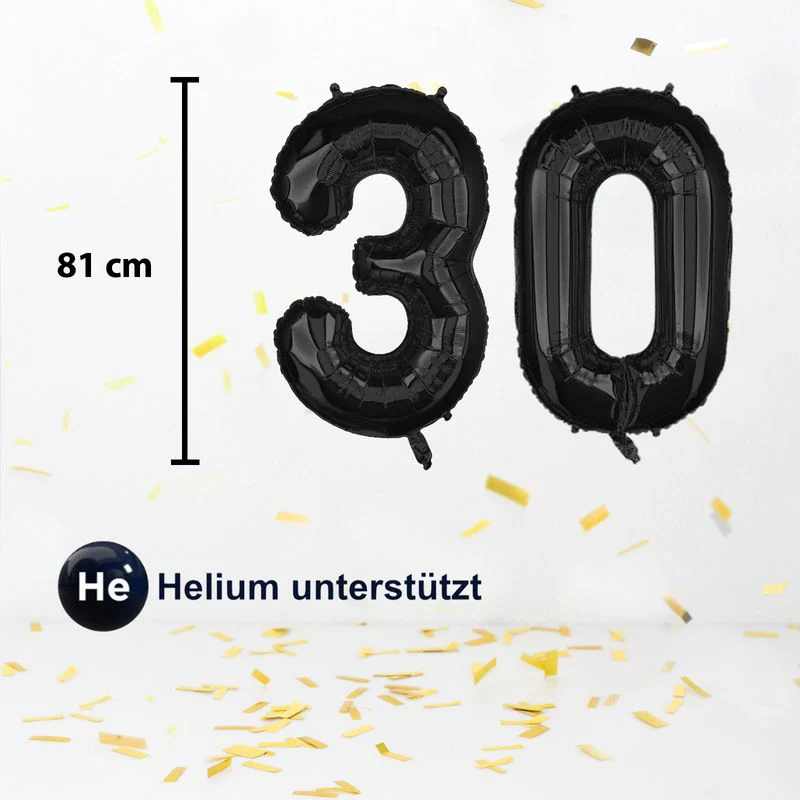 Folienballon Zahl 30 Zahlenballon Luftballon Heliumballon Schwarz 81cm - Image 2