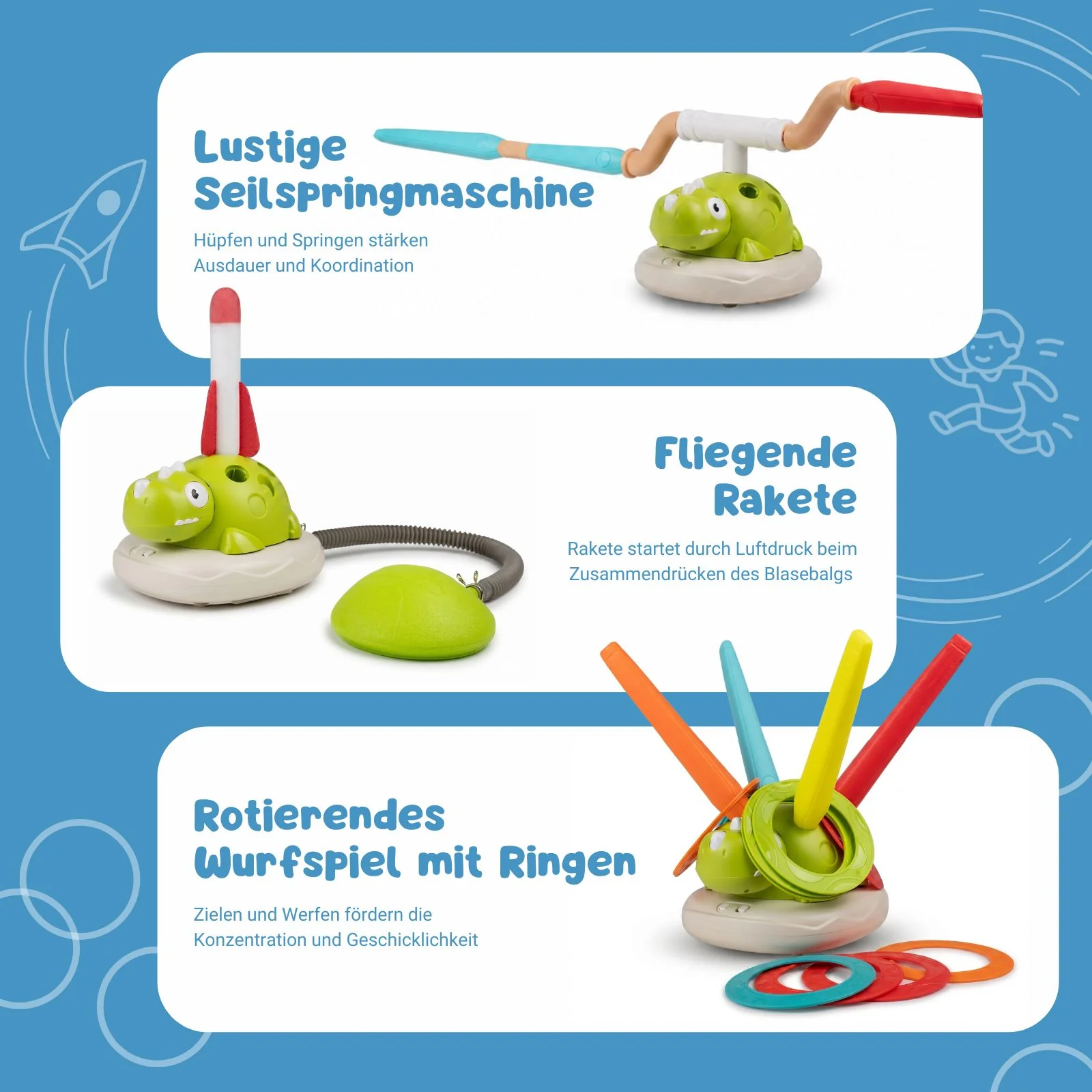 3in1 Geschicklichkeitsspiel für Kinder Ringwurf Hüpfspiel Raketenstart - Image 2