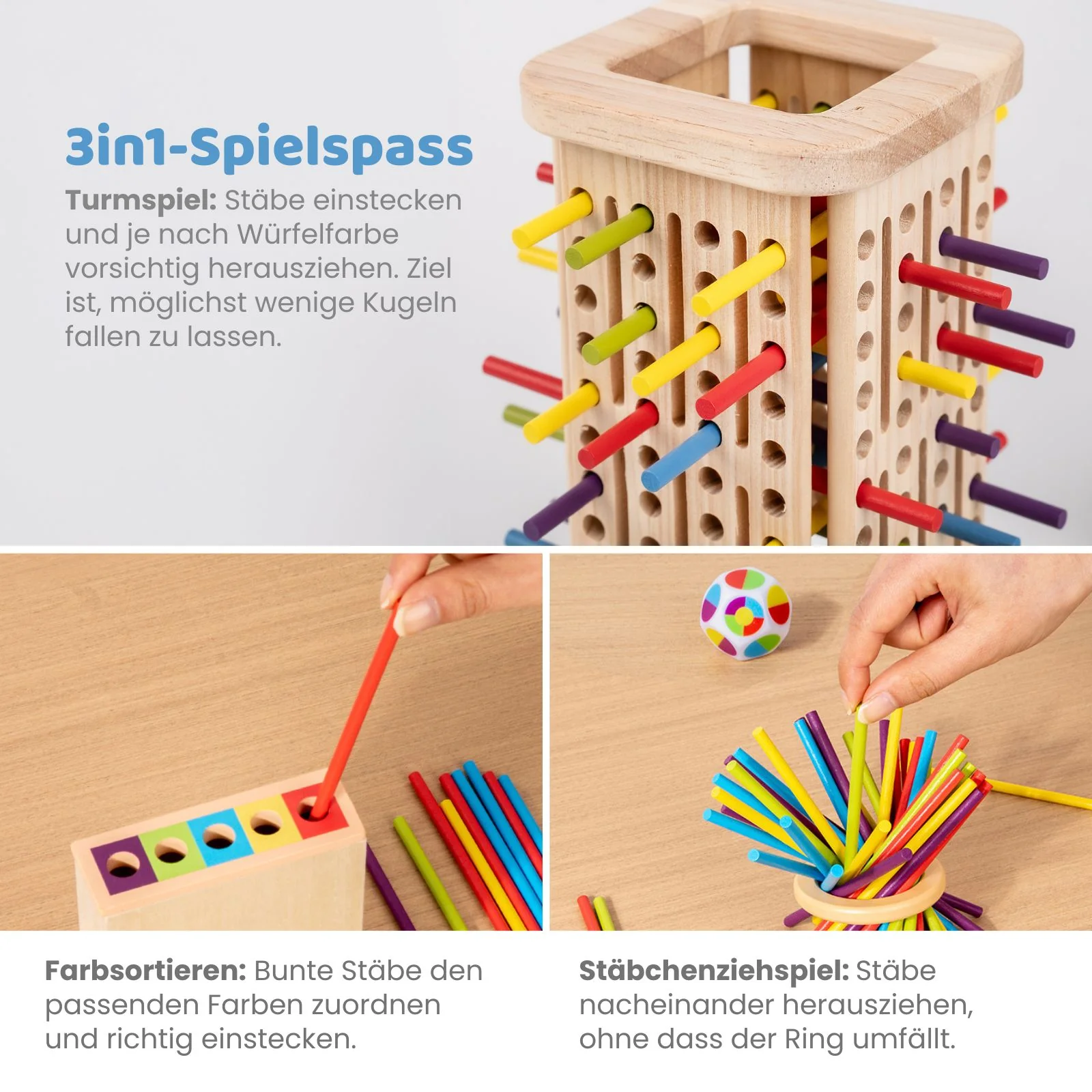 3in1 Motorikspielzeug Holzstab-Turm Farbsortierspiel Stäbchenziehspiel - Image 3