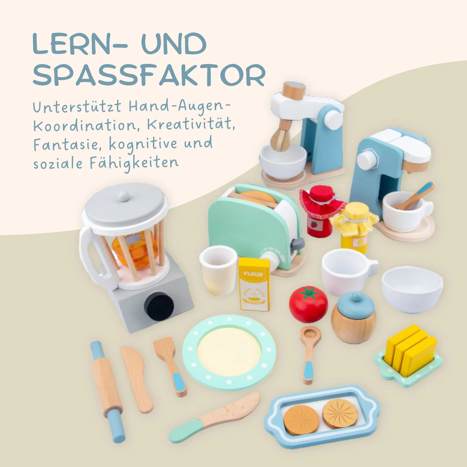 4-teiliges Spielzeug-Küchenmaschinen-Set aus Holz mit Zubehör Küchenspielzeug - Image 7