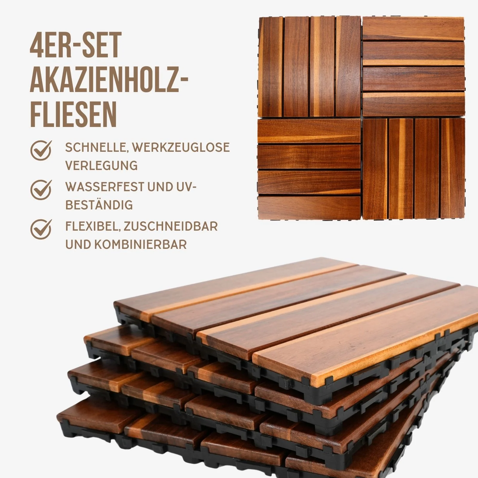 4er-Set Akazienholz-Fliesen Bodenplatten Klickfliesen Holzfliesen - Image 3