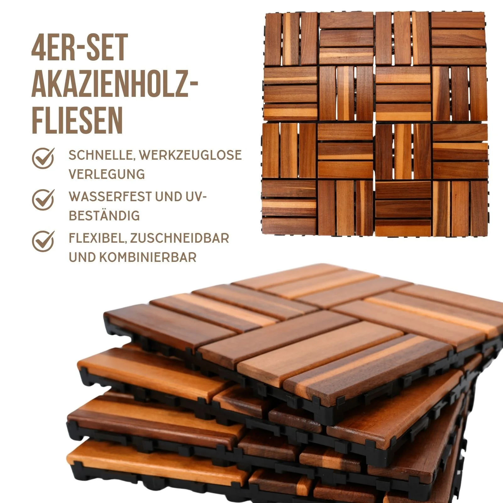 4er-Set Akazienholz-Fliesen Holzfliesen Bodenplatten Klickfliesen - Image 3