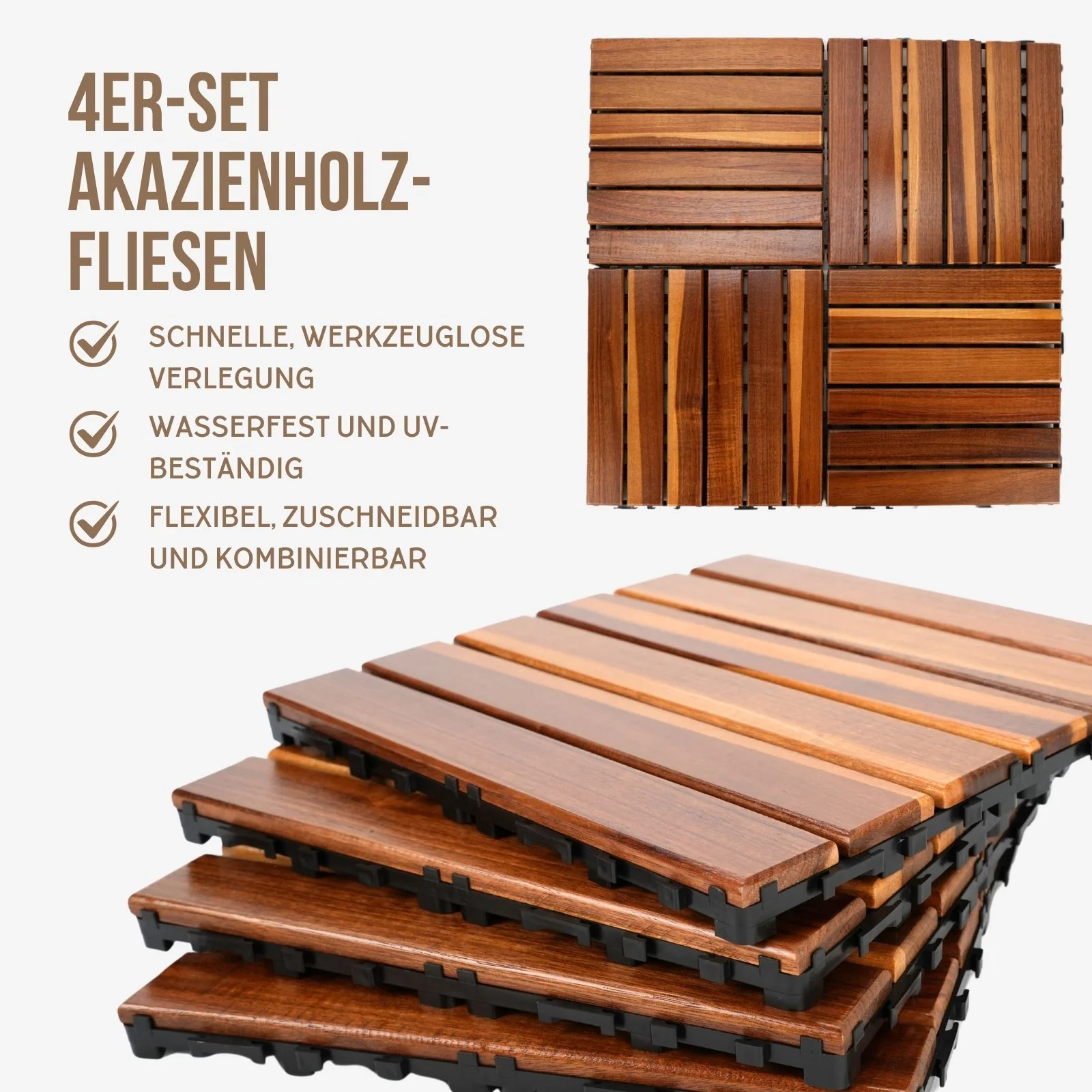 4er-Set Akazienholz-Fliesen Klickfliesen Bodenplatten Holzfliesen - Image 3