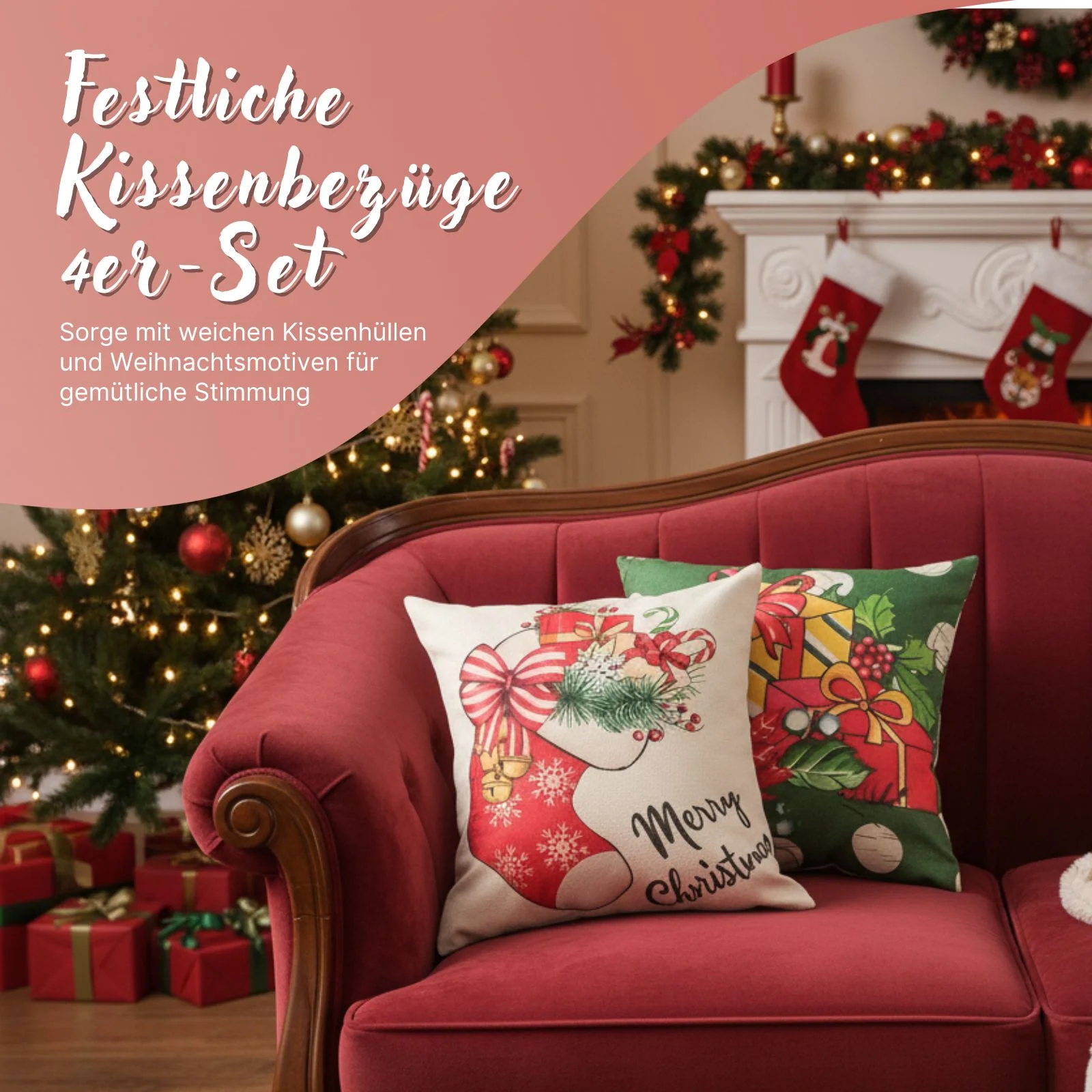 4er-Set Weihnachts-Kissenbezug Dekokissen-Bezug Kissenhülle Zier-Bezug - Image 4