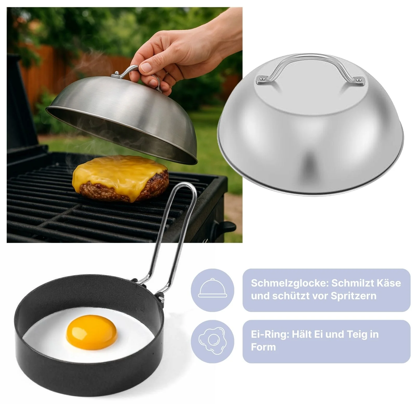 5-tlg. Burger-Set Burgerpresse Schmelzglocke Patty-Wender Ei-Ring Streuer - Image 4