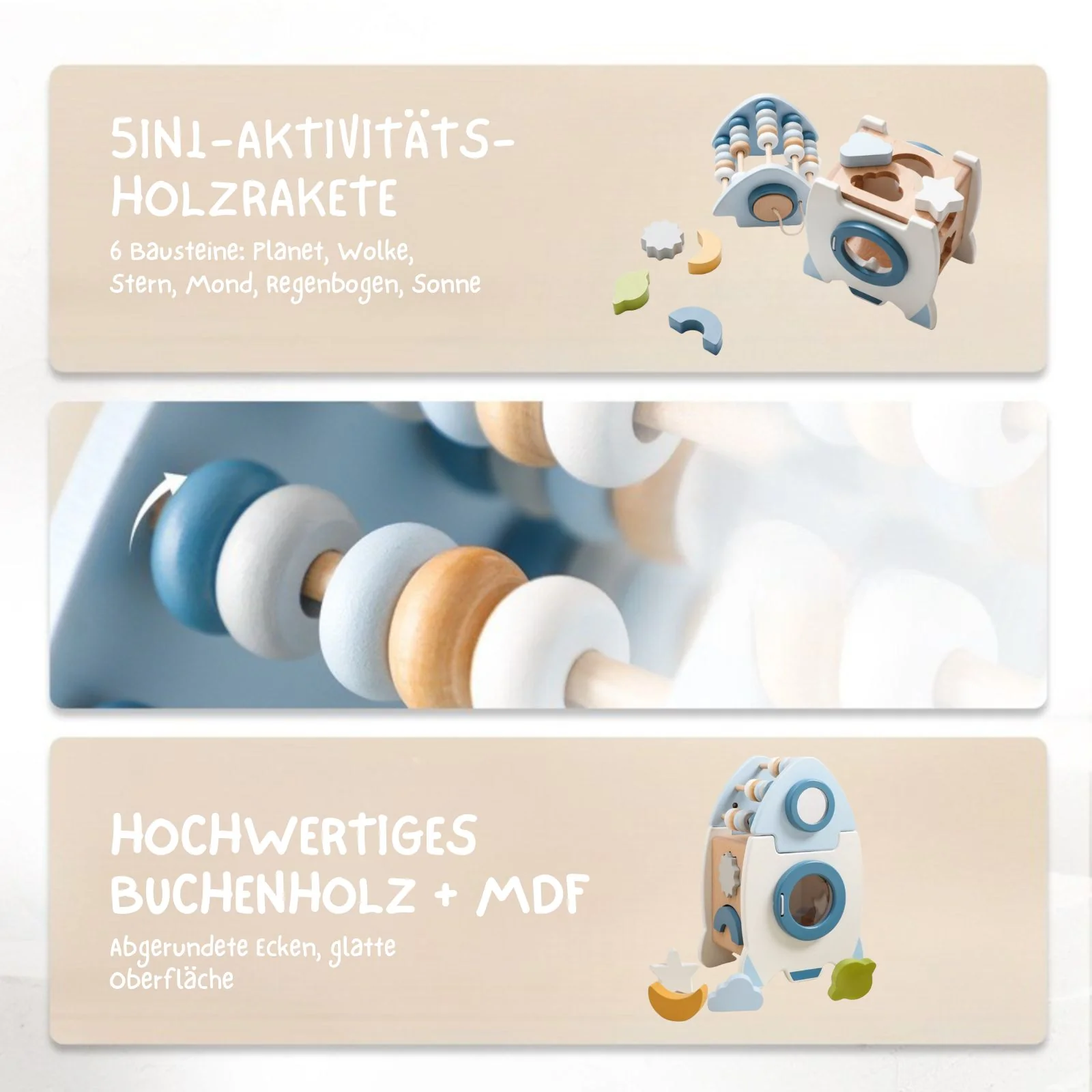 5in1-Aktivitäts-Holzrakete Kinderspielzeug Raumschiff Motorikspielzeug - Image 3