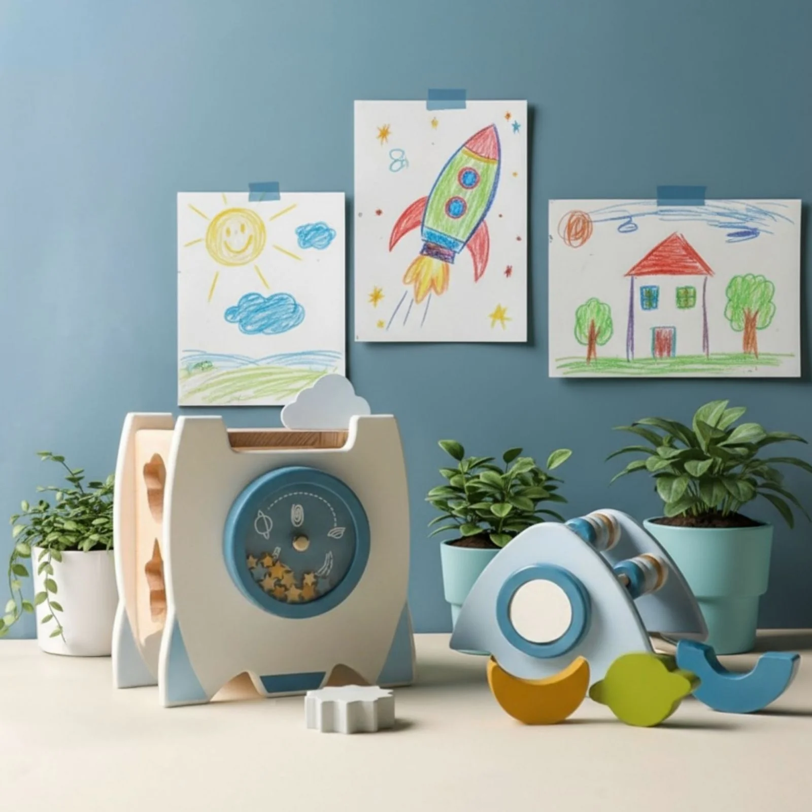 5in1-Aktivitäts-Holzrakete Kinderspielzeug Raumschiff Motorikspielzeug - Image 6