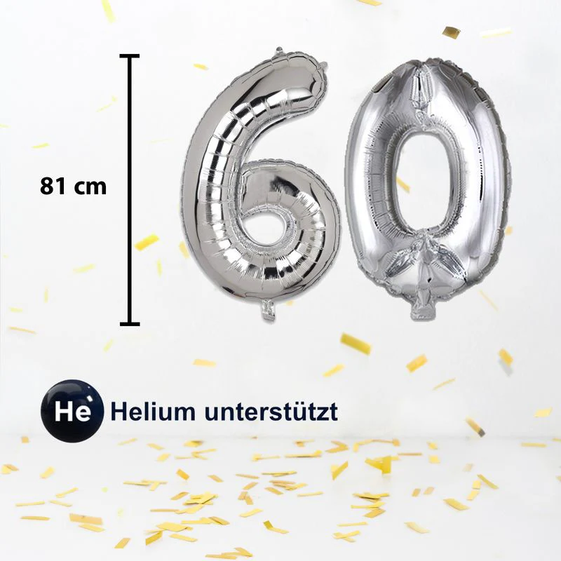 Folienballon Zahl 60 Zahlenballon Heliumballon Luftballon Silbrig 81cm - Image 2
