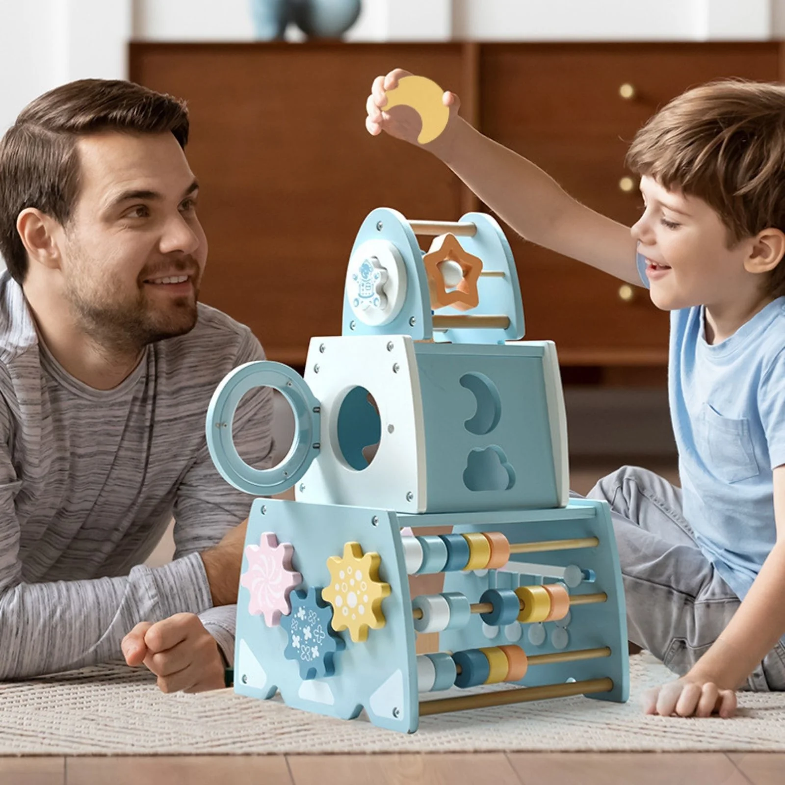 8in1-Aktivitäts-Holzraumschiff Kinderspielzeug Rakete Motorikspielzeug - Image 6