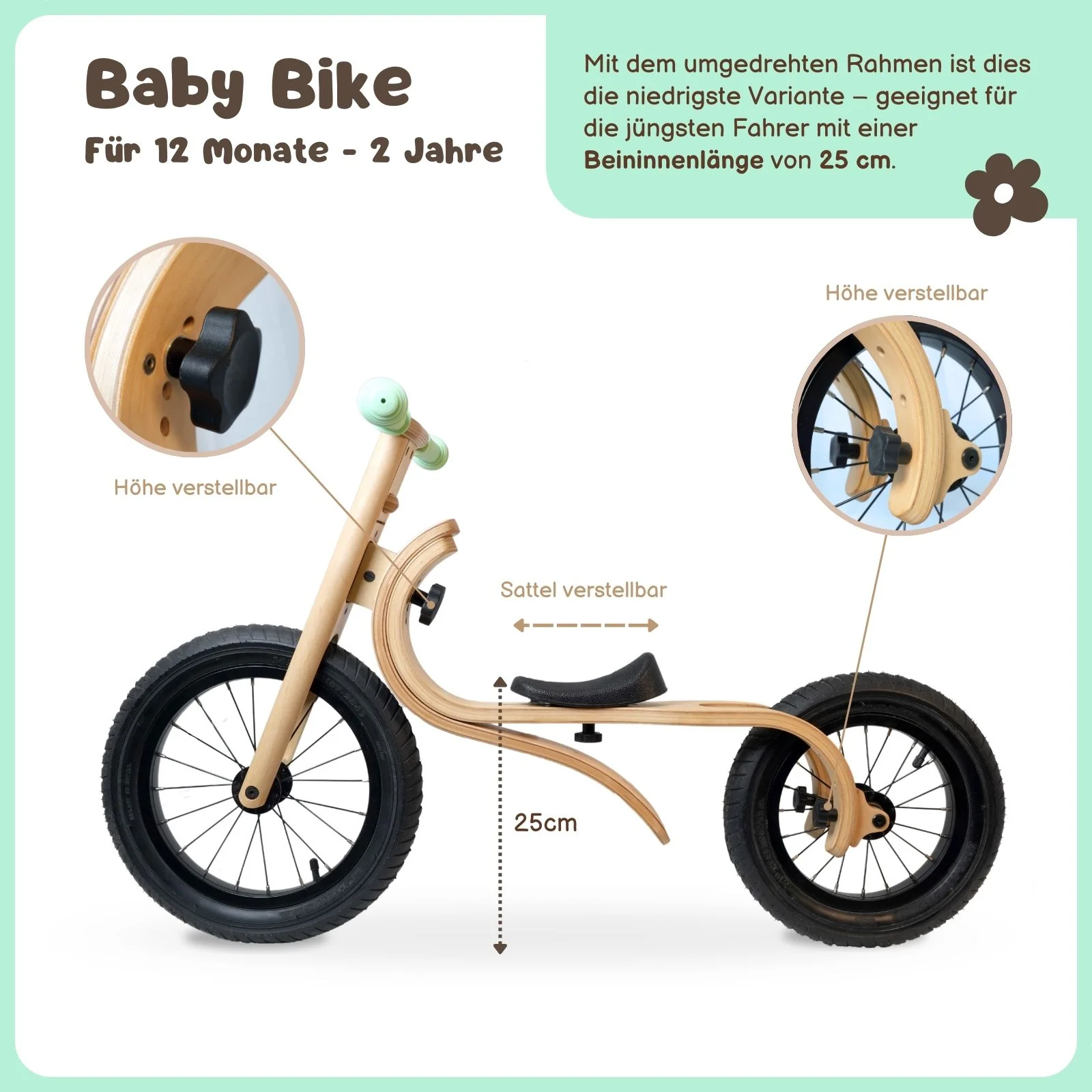 Baby Balance Bike 3 in 1 Lauflernrad Laufrad Kinderfahrrad aus Holz - Image 3