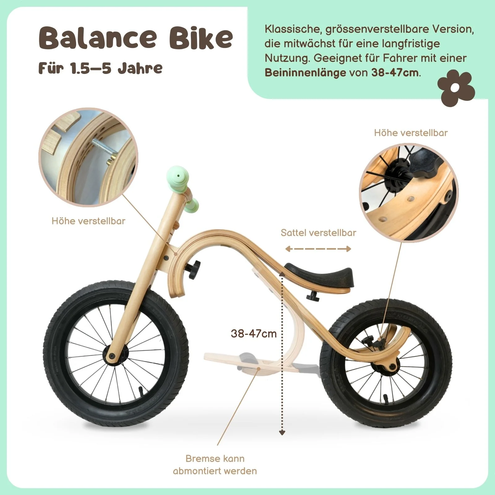Baby Balance Bike 3 in 1 Lauflernrad Laufrad Kinderfahrrad aus Holz - Image 5