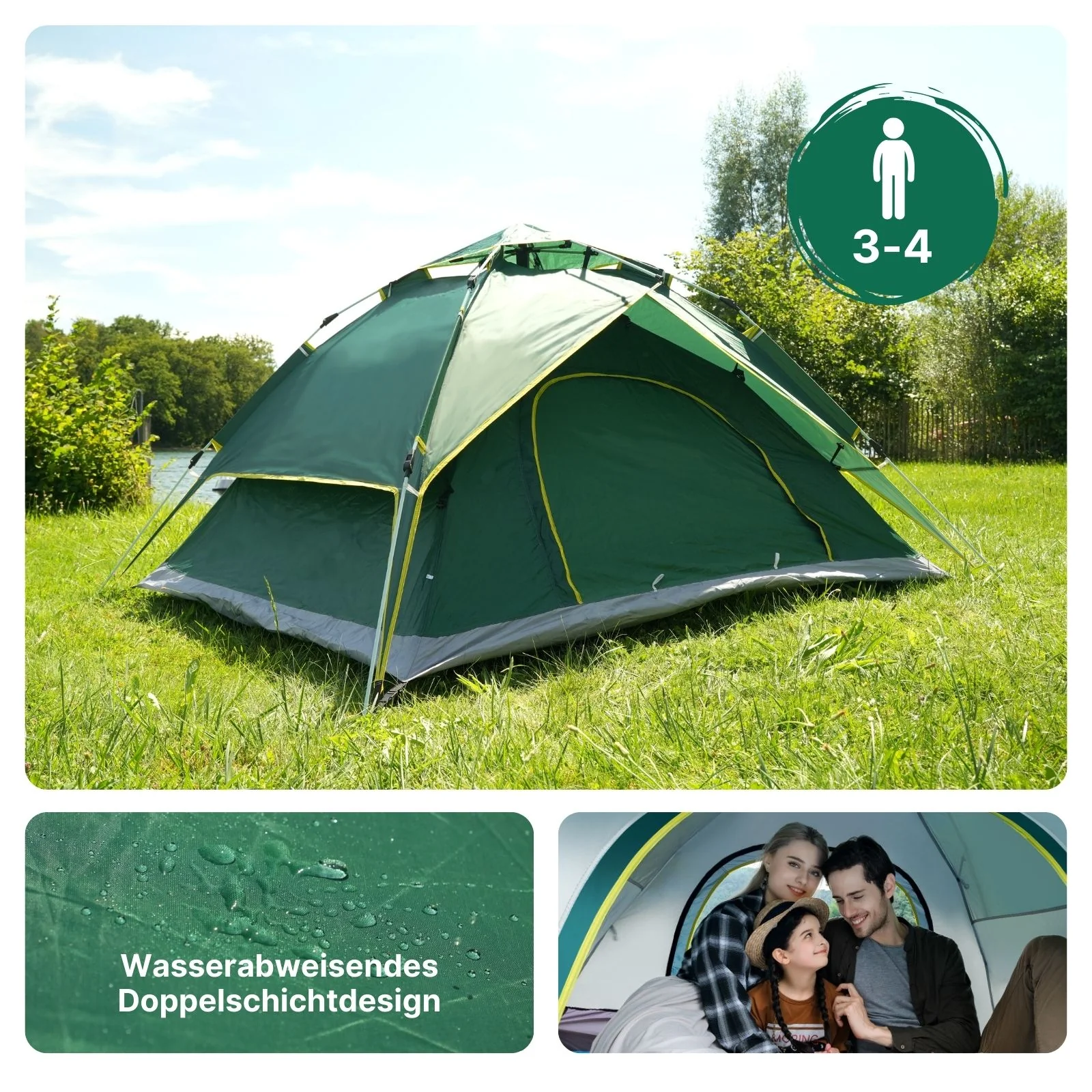 Campingzelt für 3-4 Personen Quick-Up-Zelt Automatikzelt Festivalzelt - Image 4