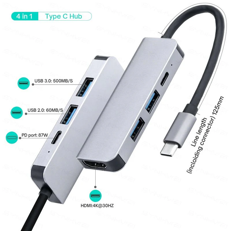 Dockingstation Multi USB-Hub USB-C 4in1 USB-A 3.0/2.0 HDMI 4K 4-port - Image 2
