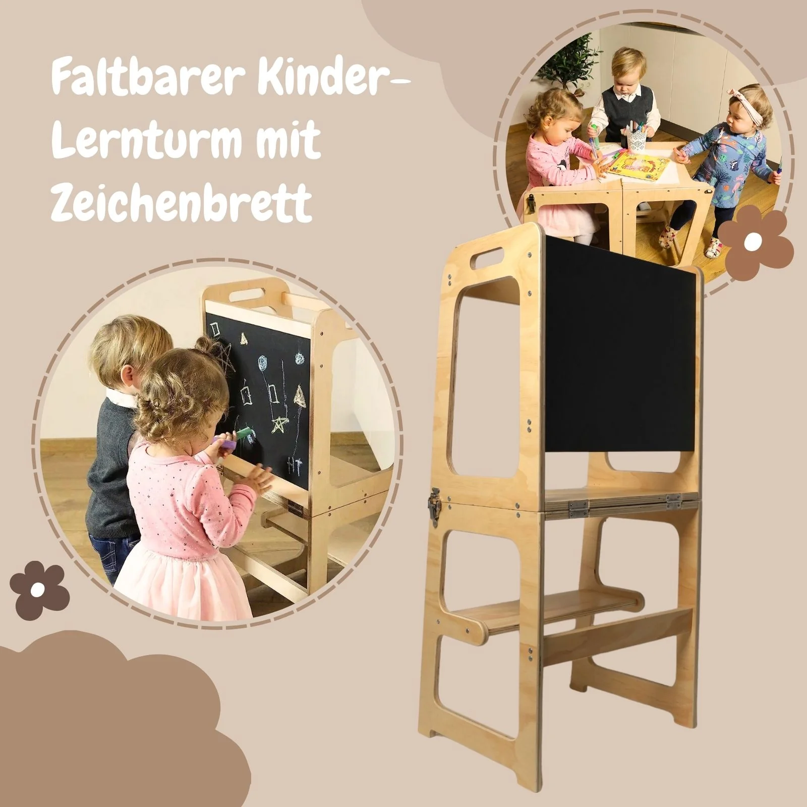 Faltbarer Kinder-Lernturm aus Holz mit Maltafel - Image 3