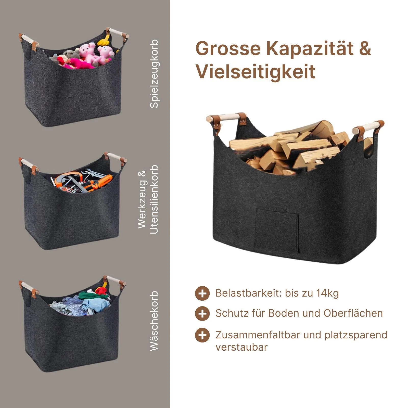 Filzkorb Holzkorb Kaminkorb Brennholz-Tasche Filz-Aufbewahrungskorb - Image 3