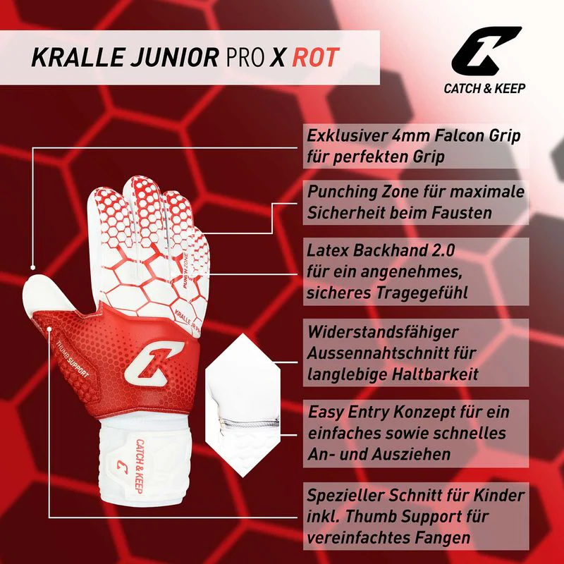 Fussballhandschuhe Kralle Junior Pro 3.0 Gr. 4 Rot Torwart Keeper Goalie Handschuhe - Image 2