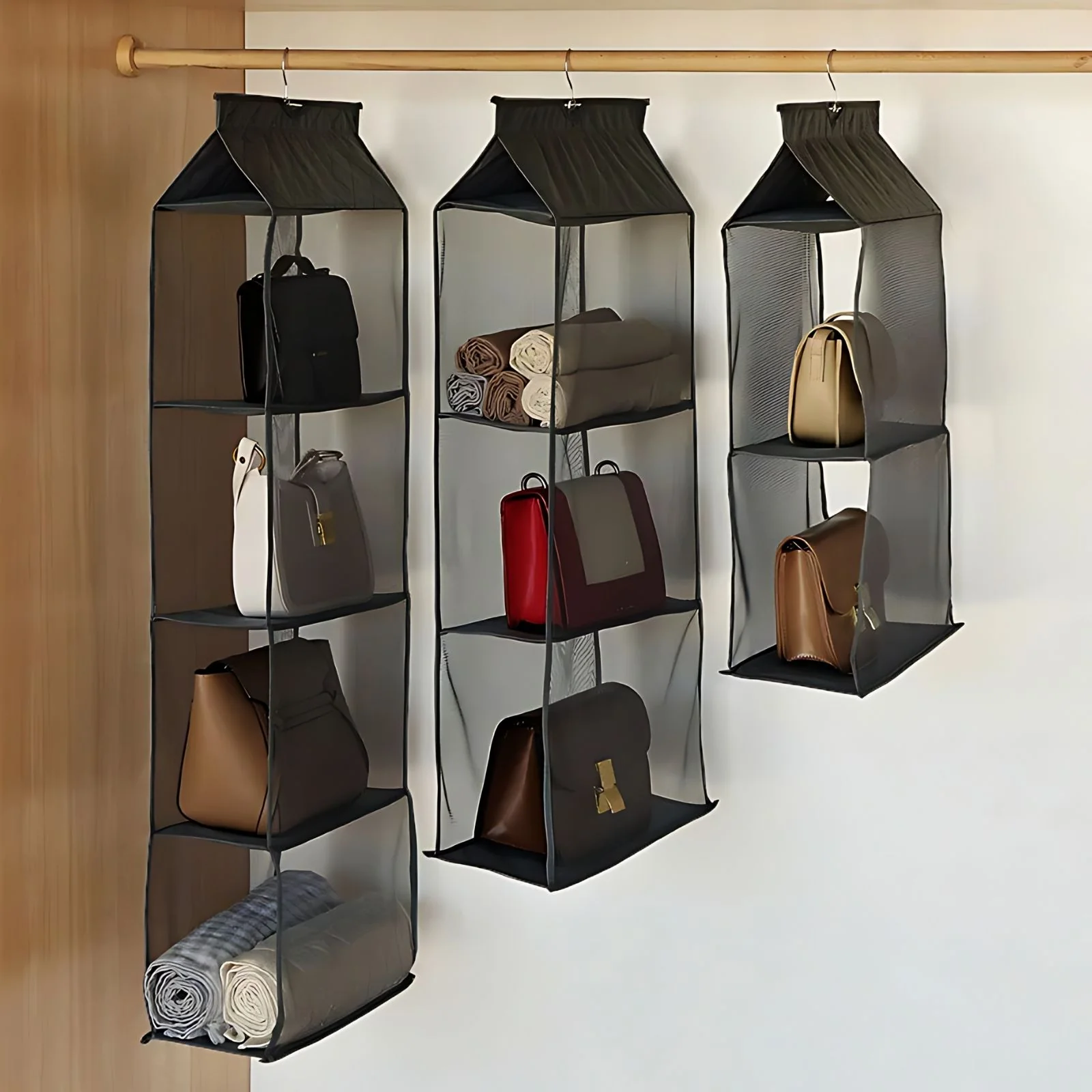 Handtaschen-Organizer zum Aufhängen Hängeaufbewahrung 3 Fächer Schwarz - Image 2