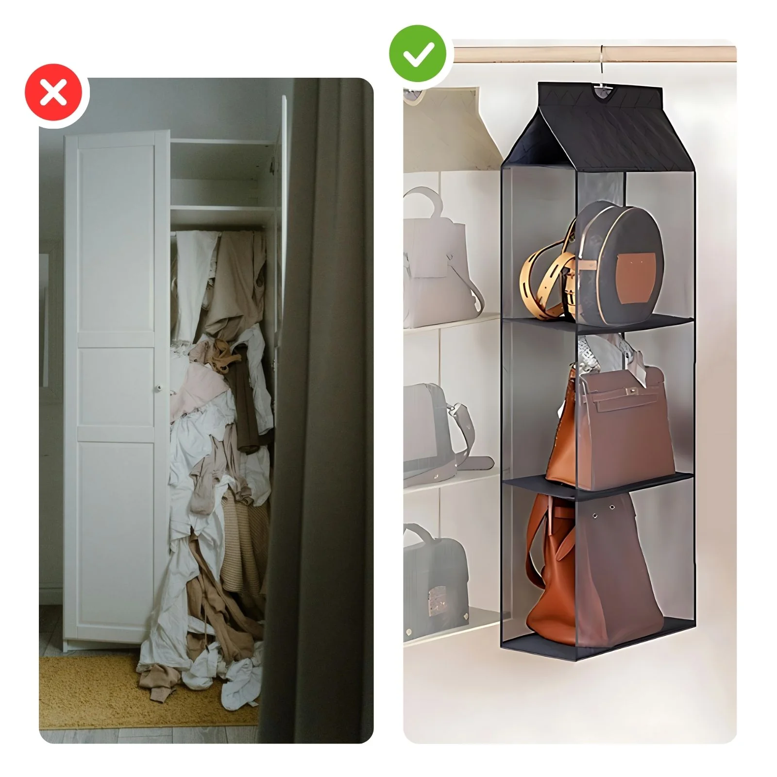 Handtaschen-Organizer zum Aufhängen Hängeaufbewahrung 3 Fächer Schwarz - Image 4
