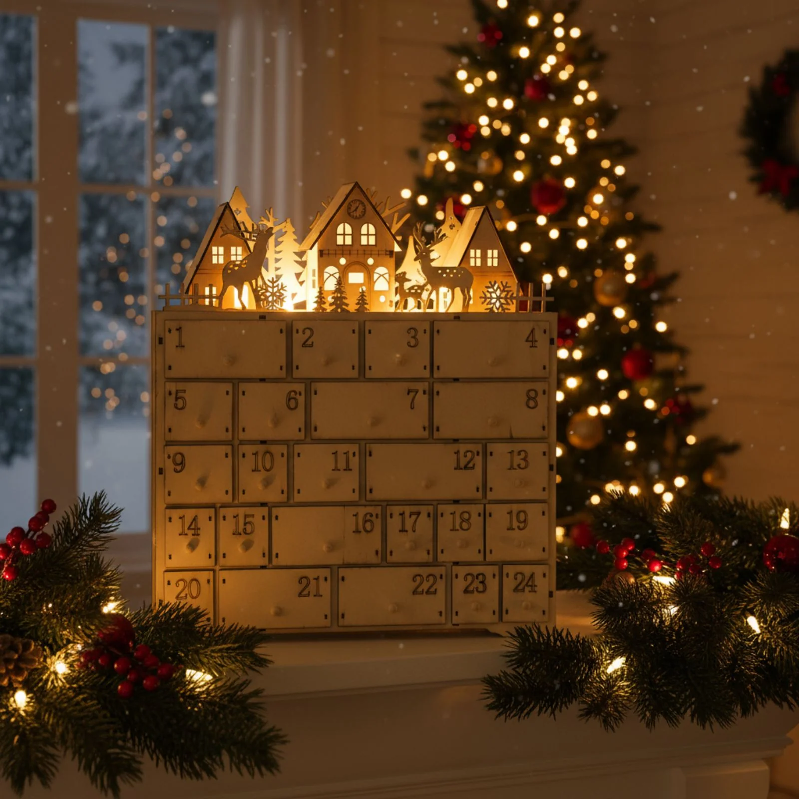 Holz-Adventskalender Weihnachtskalender 24 Schubladen mit LED - Image 2