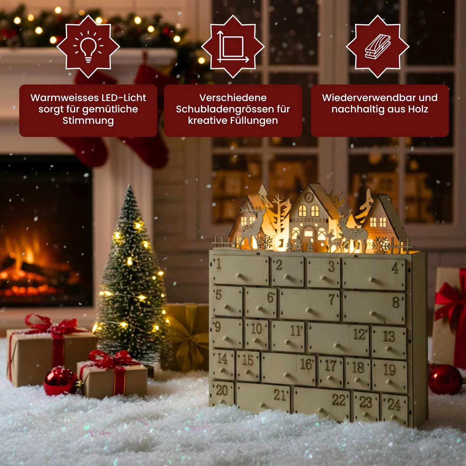 Holz-Adventskalender Weihnachtskalender 24 Schubladen mit LED - Image 4