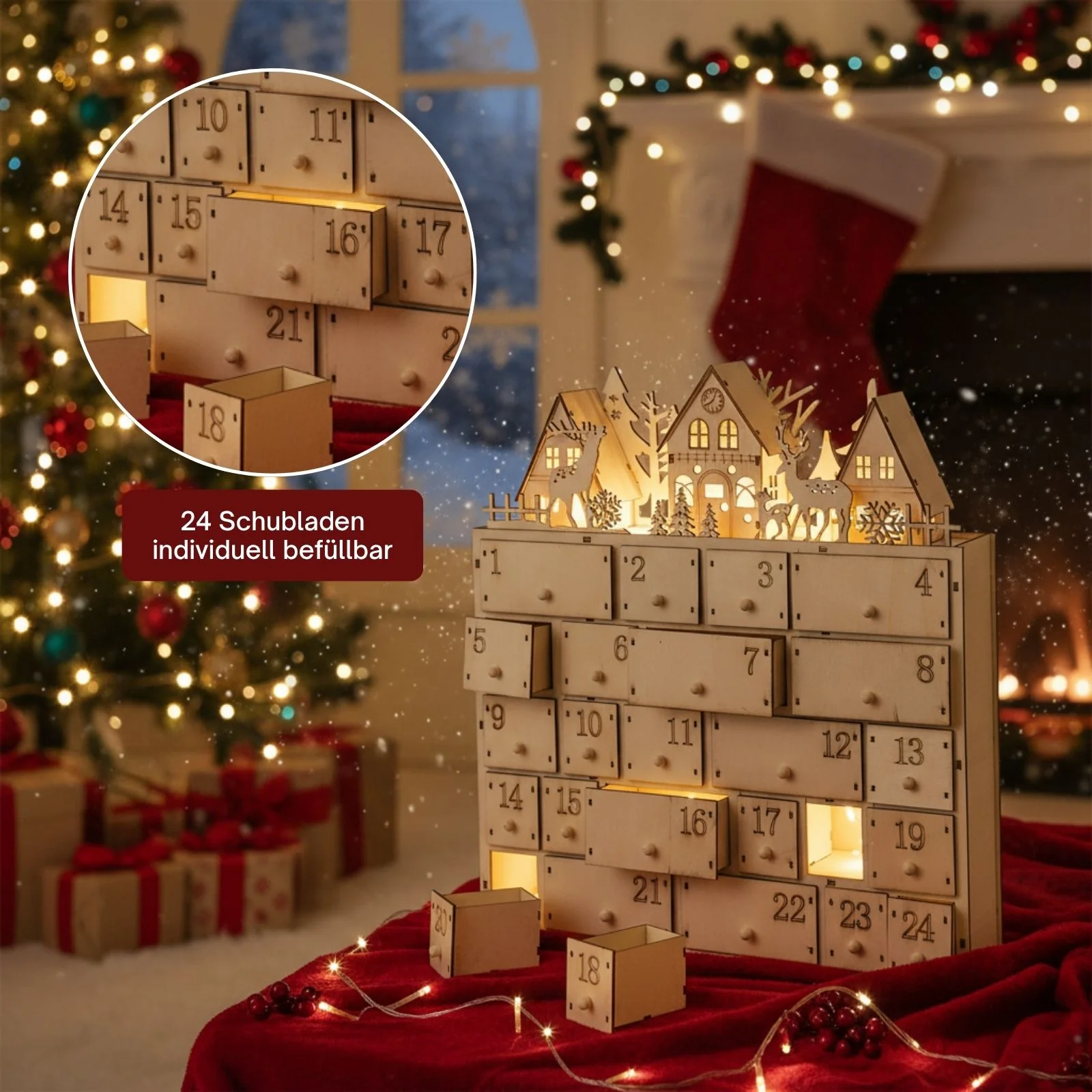 Holz-Adventskalender Weihnachtskalender 24 Schubladen mit LED - Image 5