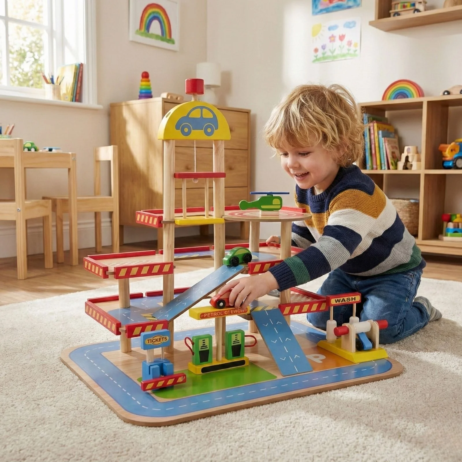 Holz-Parkhaus für Kinder mit Zubehör Parkgarage Spielzeug Spielgarage - Image 10