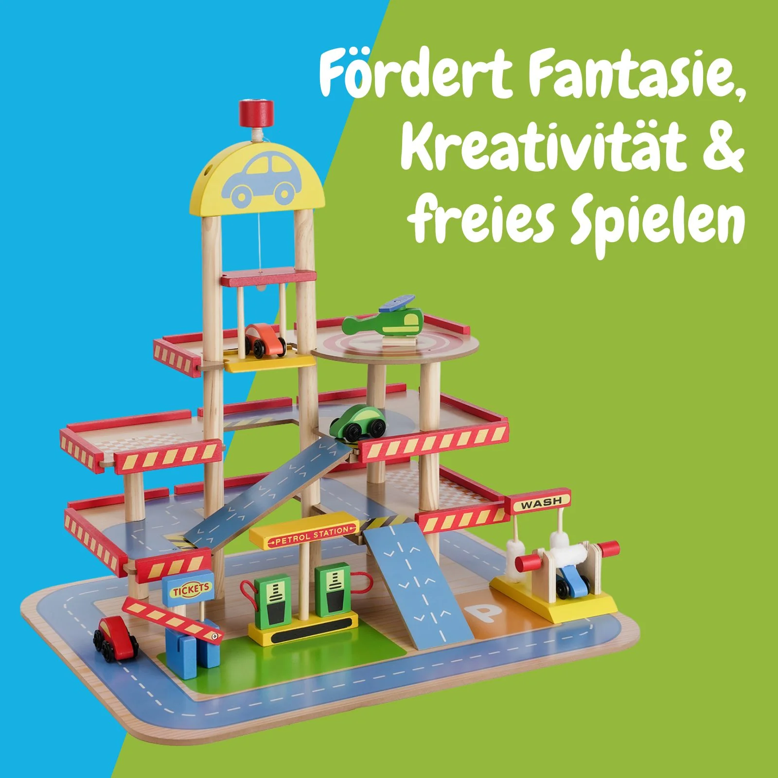 Holz-Parkhaus für Kinder mit Zubehör Parkgarage Spielzeug Spielgarage - Image 3