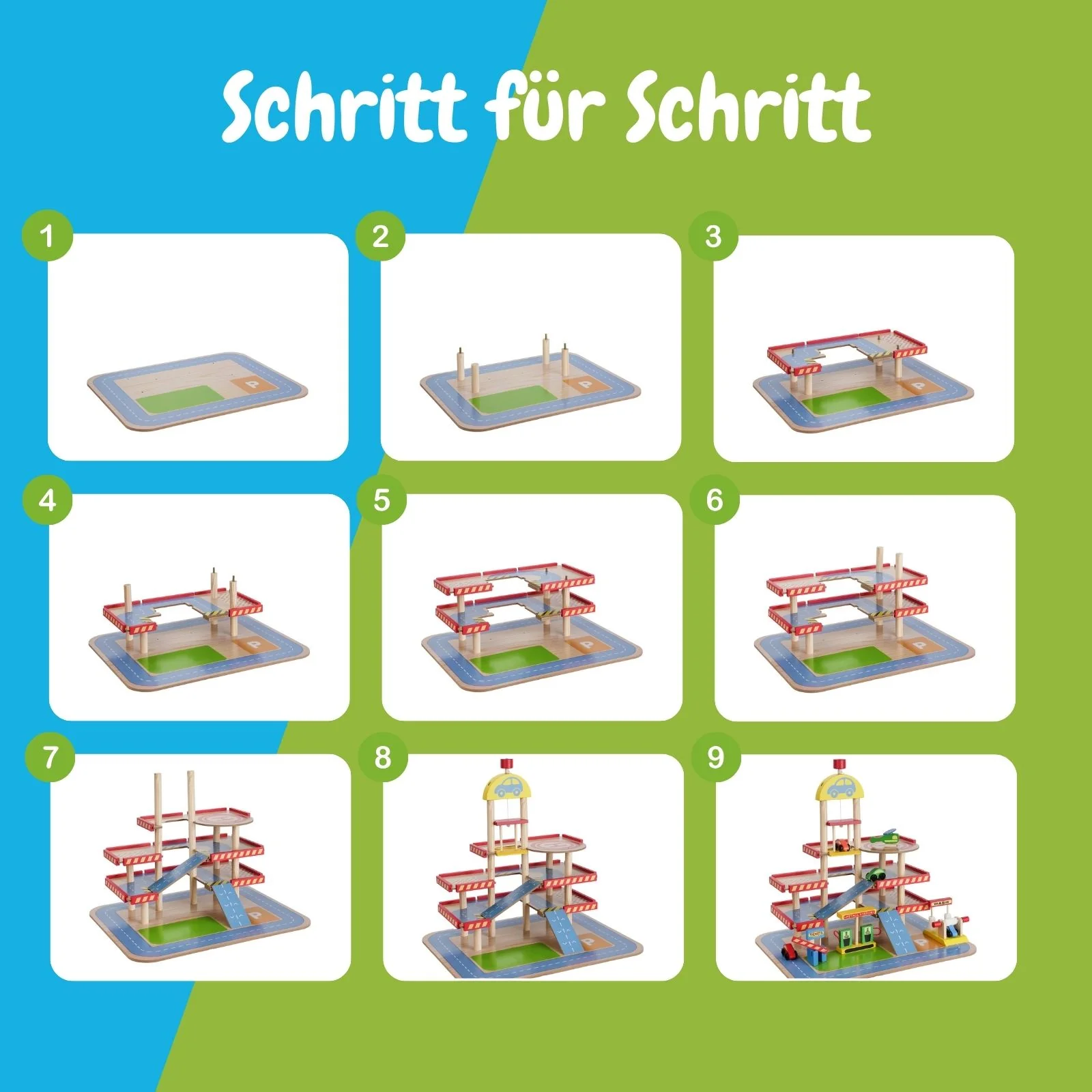 Holz-Parkhaus für Kinder mit Zubehör Parkgarage Spielzeug Spielgarage - Image 7