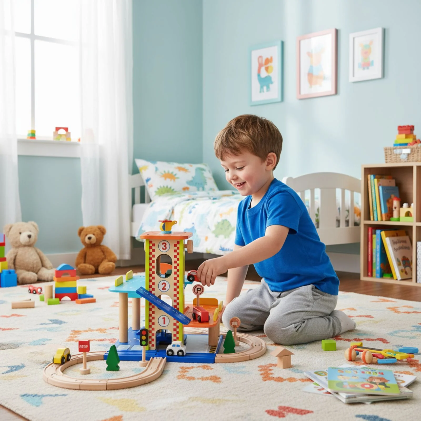 Holz-Parkhaus für Kinder mit Zubehör Spielgarage Parkgarage Spielzeug - Image 7
