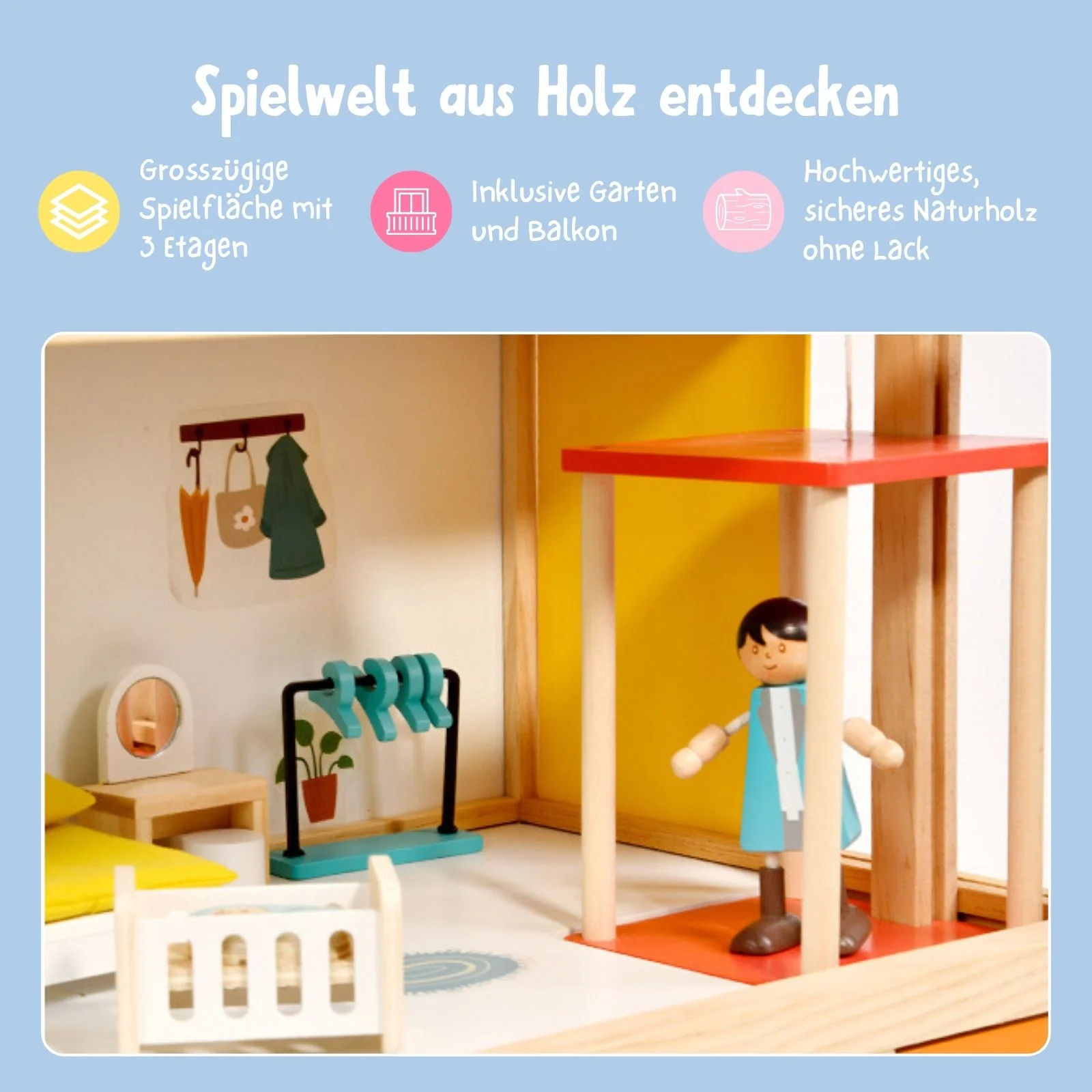 59-tlg. Holz-Puppenhaus mit Puppen Puppen-Villa mit Garten Spielhaus - Image 6