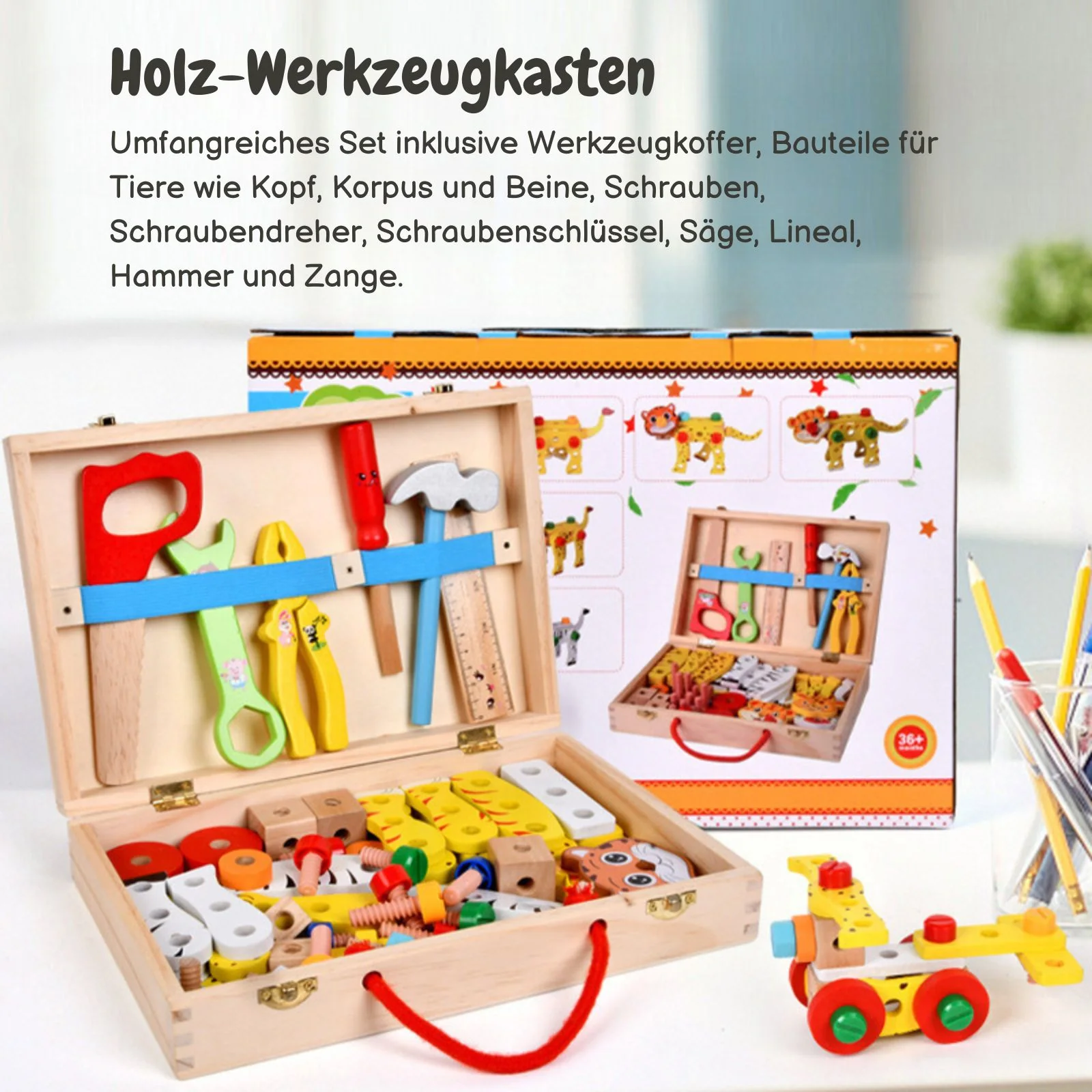 Kinder-Baukasten Holz-Werkzeugkasten für Kinder Lernspielzeug Holzbausatz Tiere - Image 2