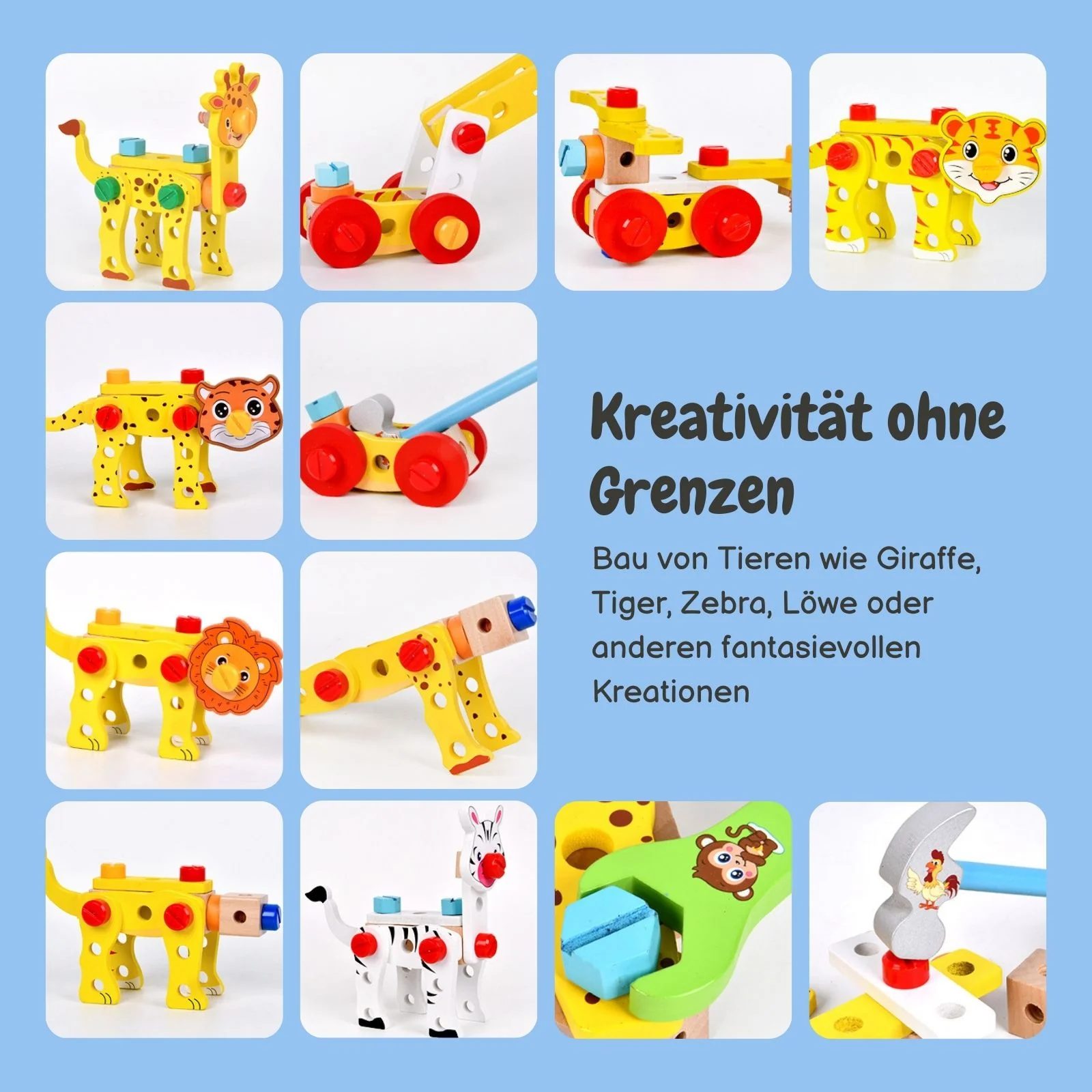 Kinder-Baukasten Holz-Werkzeugkasten für Kinder Lernspielzeug Holzbausatz Tiere - Image 5