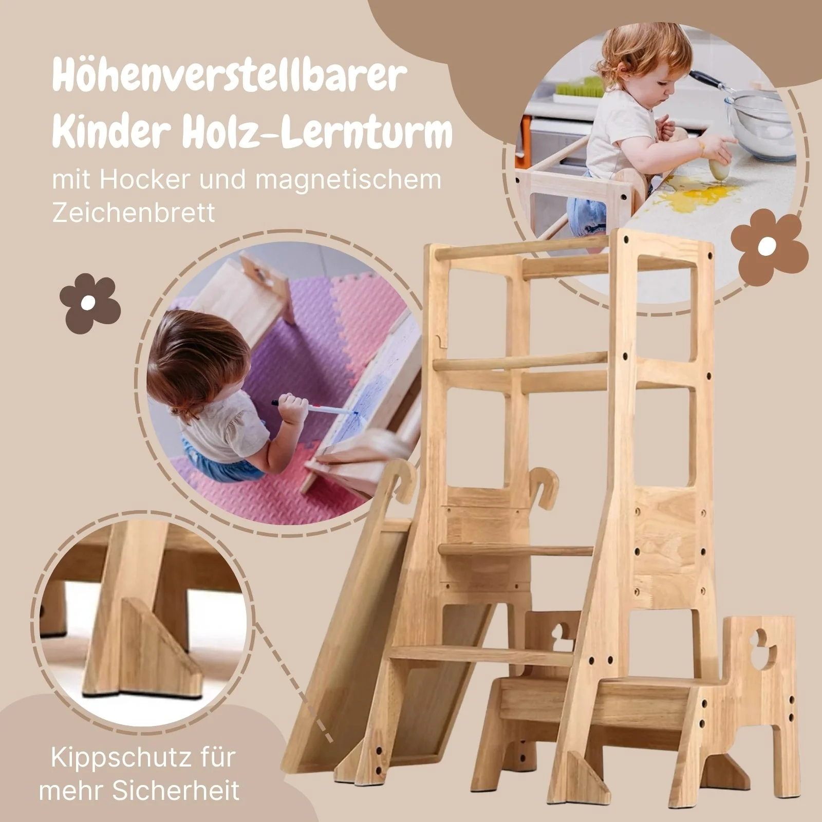 Kinder Holz-Lernturm mit Hocker und Zeichenbrett - Image 3