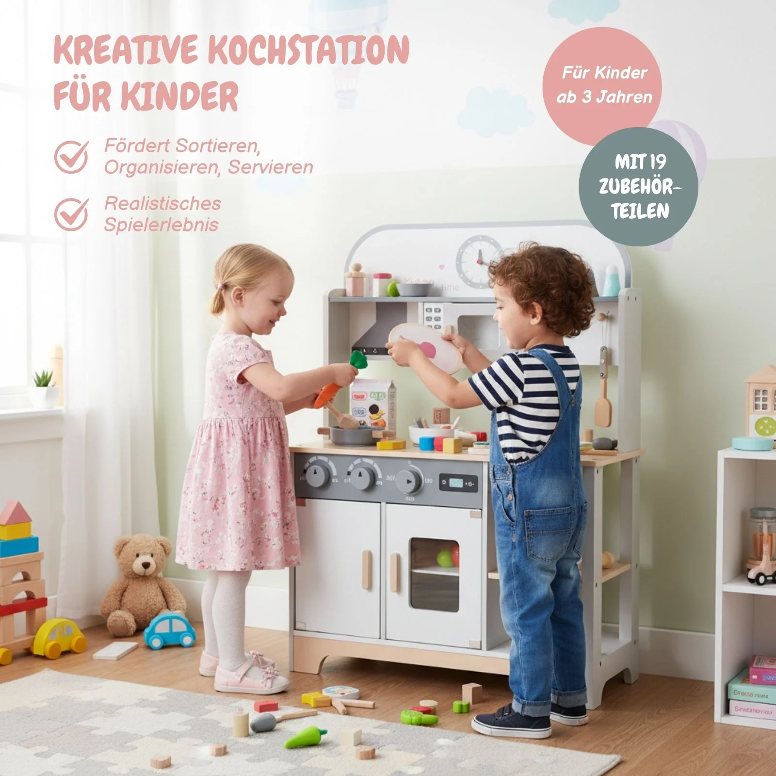 Kinder Spielhaus-Kochstation aus Holz mit Zubehör Kinderküche - Image 2