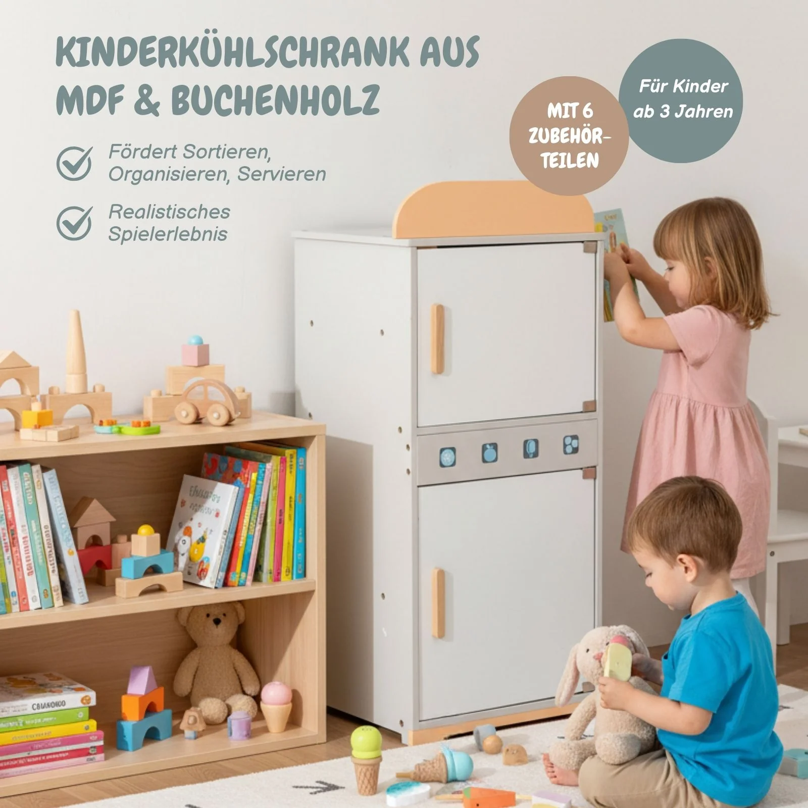 Kinder Spielhaus-Kühlschrank aus Holz mit Zubehör Kinderkühlschrank - Image 2