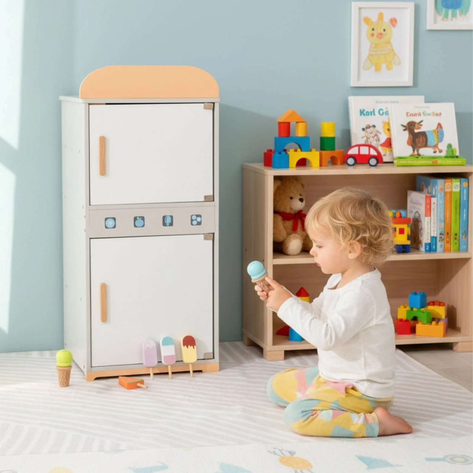 Kinder Spielhaus-Kühlschrank aus Holz mit Zubehör Kinderkühlschrank - Image 4