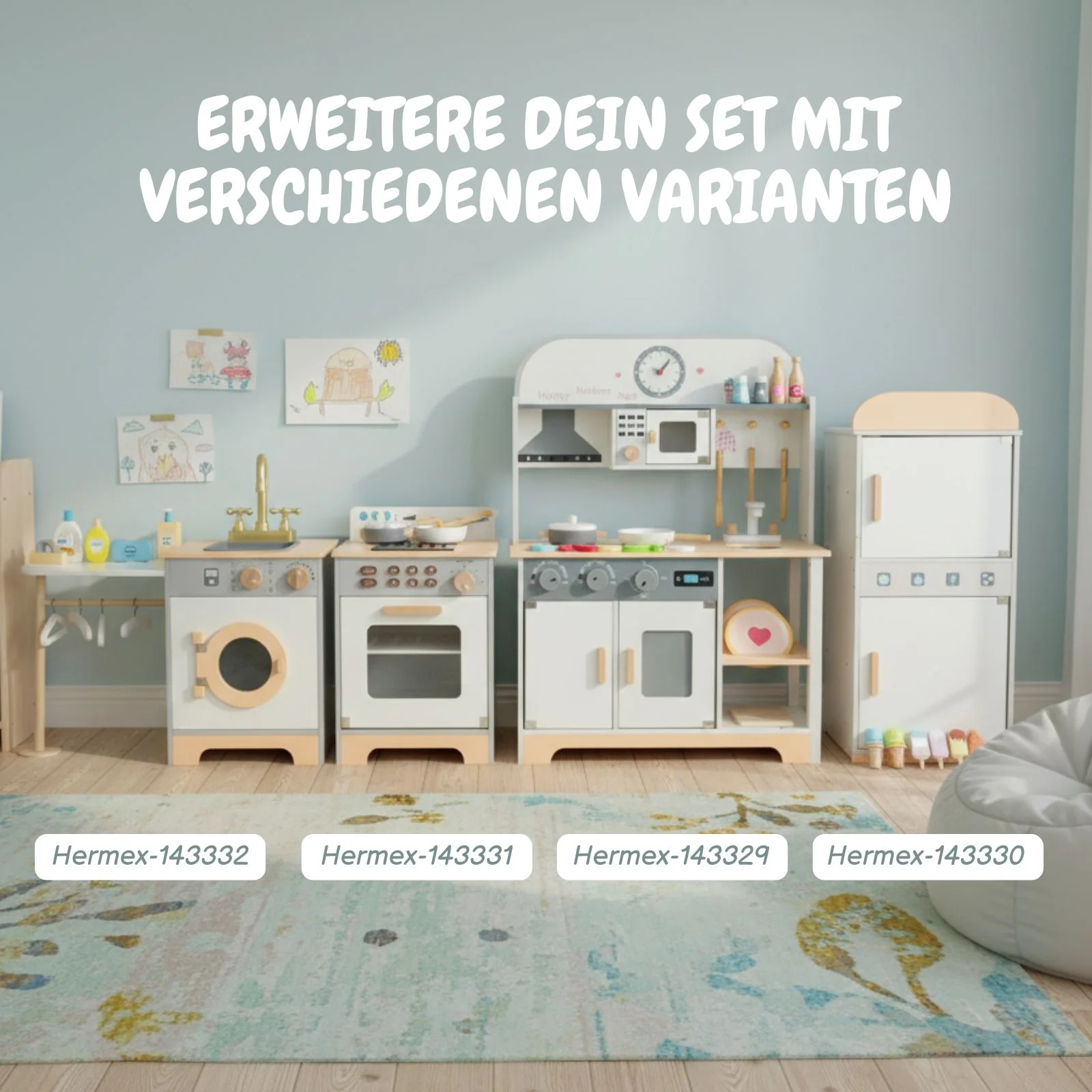 Kinder Spielhaus-Kühlschrank aus Holz mit Zubehör Kinderkühlschrank - Image 8
