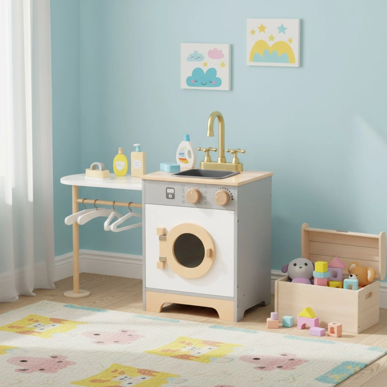 Kinder Spielhaus-Waschmaschine aus Holz mit Zubehör Kinderwaschmaschine - Image 4