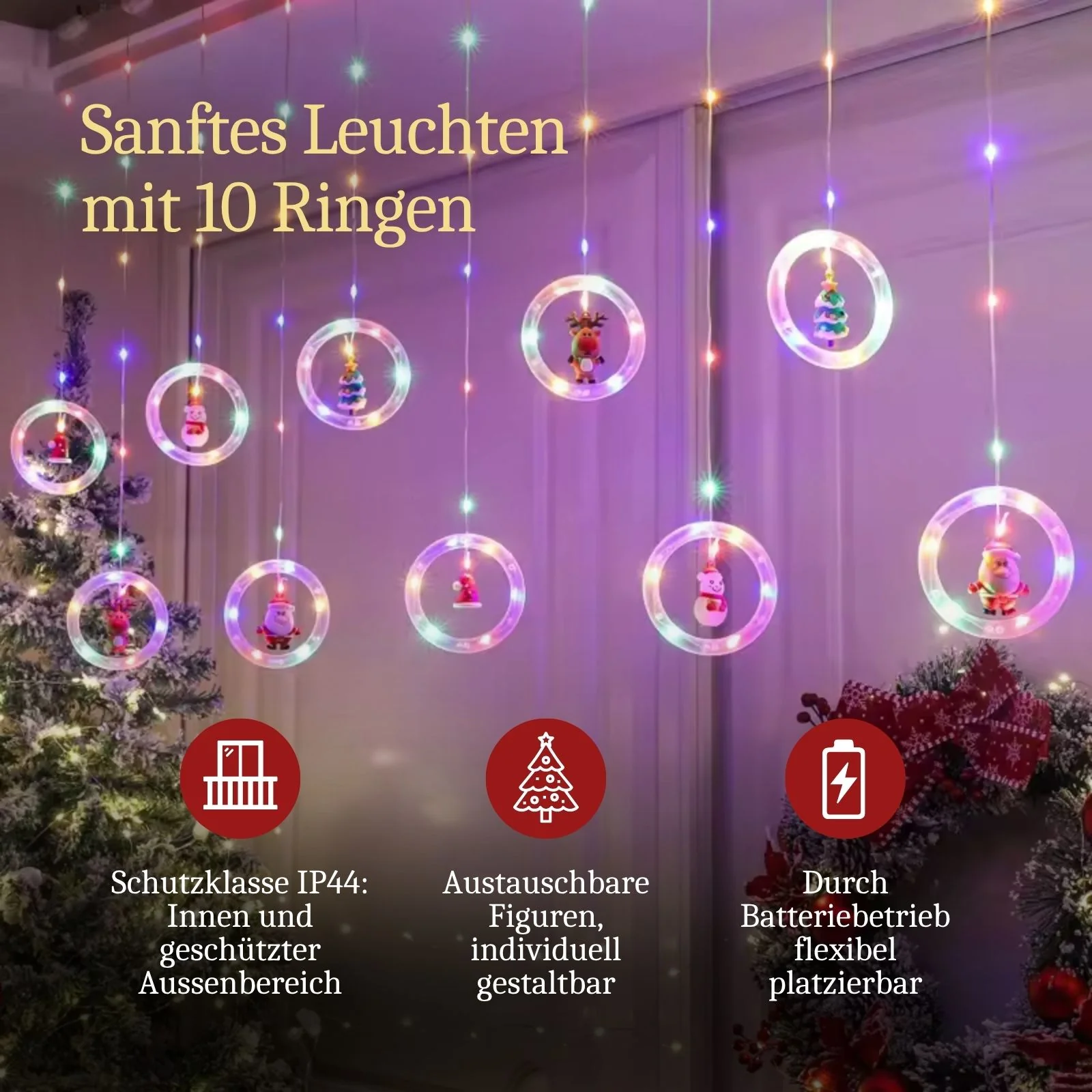 LED Weihnachtslichterkette 3m Leuchtvorhang mit Ringen Ringlichterkette - Image 3