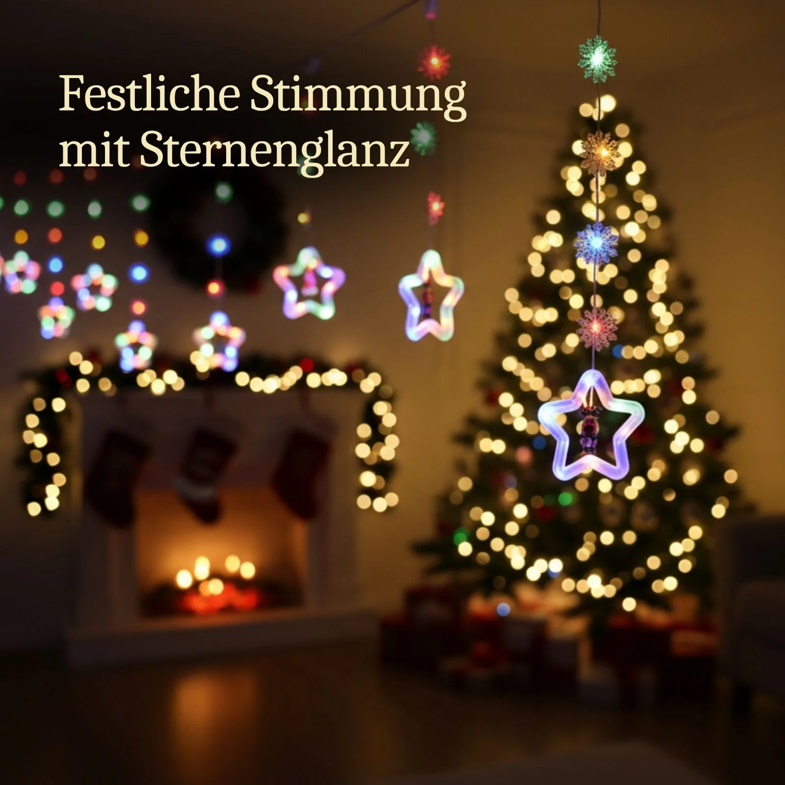 LED Weihnachtslichterkette 3m Sternen-Lichtervorhang mit Schneeflocken - Image 2