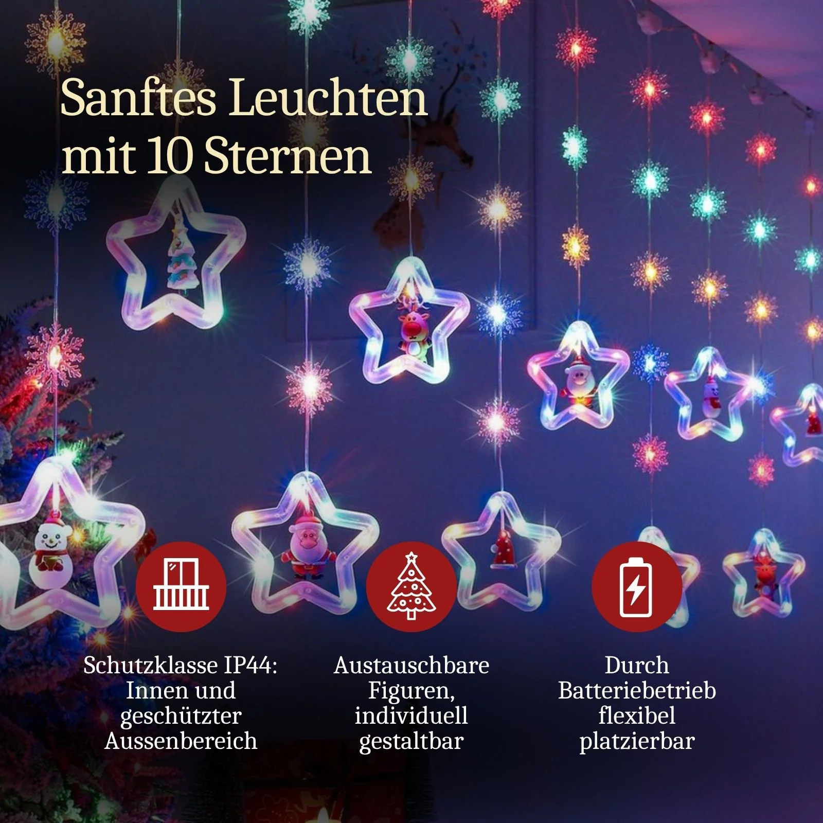LED Weihnachtslichterkette 3m Sternen-Lichtervorhang mit Schneeflocken - Image 3