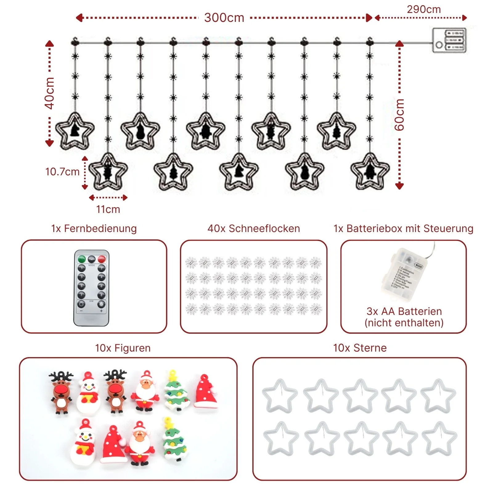 LED Weihnachtslichterkette 3m Sternen-Lichtervorhang mit Schneeflocken - Image 6